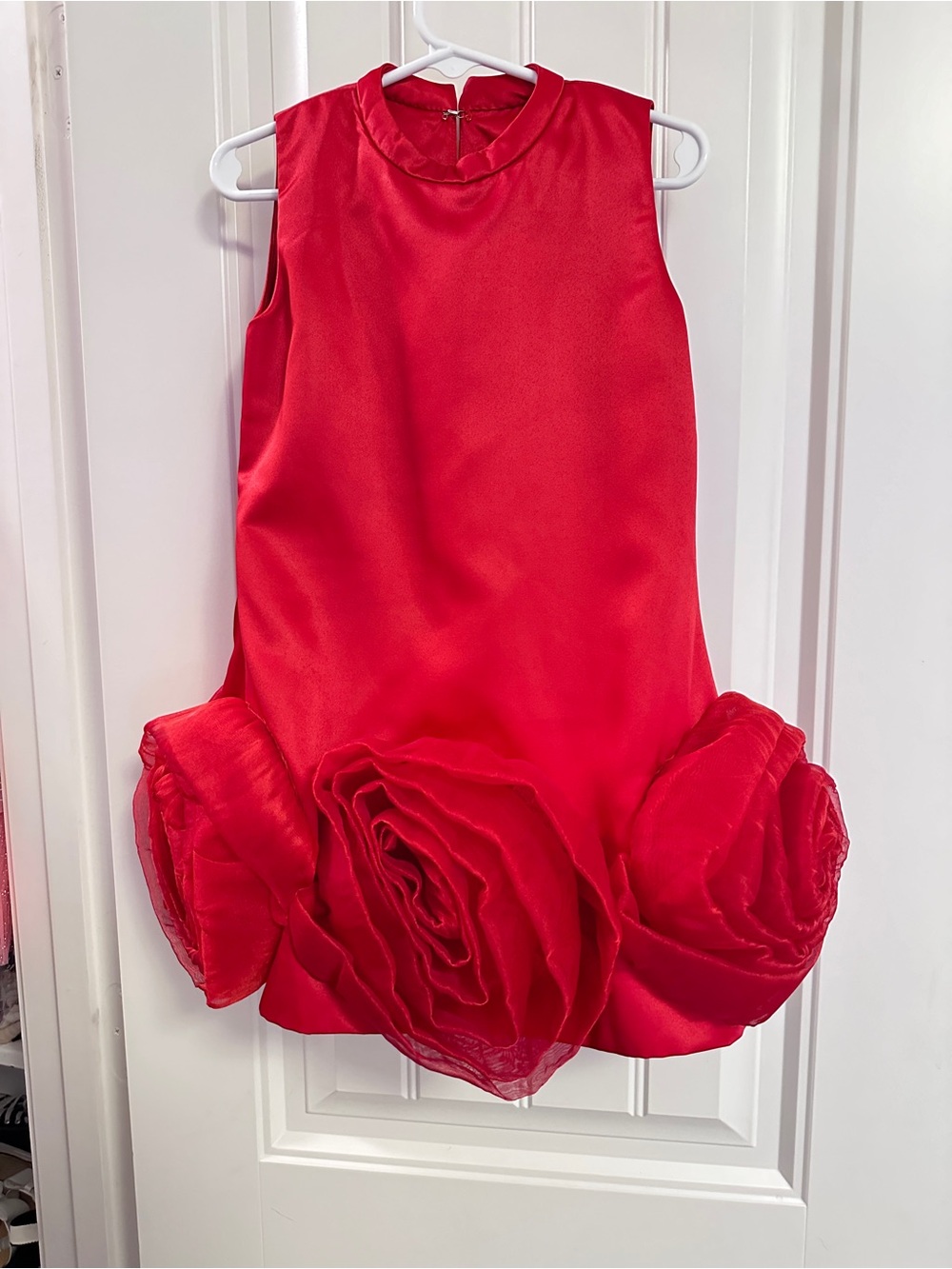 Girls Red Satin Dress with Rose-Trim Hem